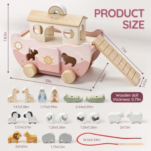 Montessori Educational Toy, Animal Shape Sorter, Christian Toys for Toddler Boy 1-3 Years Old, Christmas Birthday Gift Joyreal Pink Wooden Noah's Ark Toy for 1 Year Old Baby Girl Baptism Gifts B0GCYH2DBZ