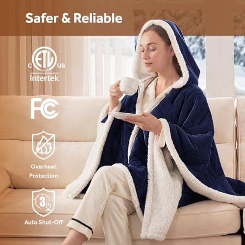 Electric Shawl Wrap with Pockets, Wearable Heated Poncho Hoodie with 6 Heating Levels & 2-10 Hours Auto Shut Off, Home Office Westinghouse Wearable Heated Throw Blanket Flannel Sherpa 50x60 Inch Navy B0CSS5PQ42