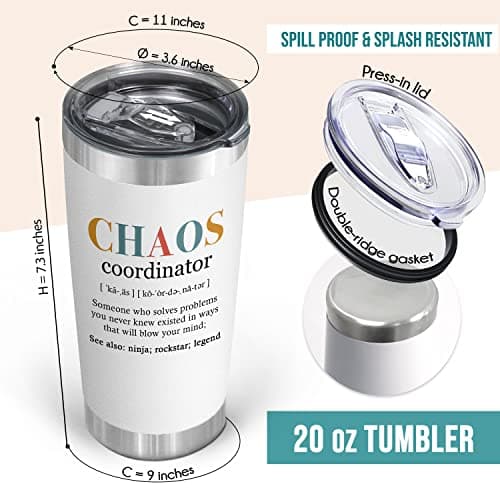 TEEZWONDER Thank You Gifts for Women - Chaos Coordinator 20 oz Stainless Steel Insulated Tumbler with Lid - Employee Appreciation Christmas Birthday Gifts for Women Coworkers Boss Teacher Nurse Friend