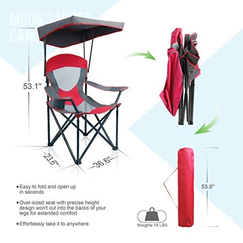 ALPHA CAMP Heavy Duty Canopy Camping Chair, 350 lbs Capacity Oversized Folding Chair with Adjustable Sunshade, Portable Sunshade Chair with Cup Holder for Beach, Fishing, Outdoor, Red