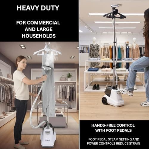 SALAV Heavy Duty Commercial Full-Size Garment Steamer with Foot Pedals and Extra Large 3L (101.5 oz) Water Tank, 1800 watts, 90+min of Continuous Steam (White)