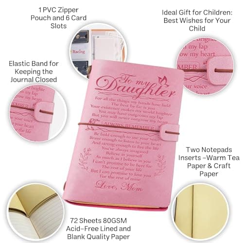 Daughter Gift from Mom, To My Daughter Leather Journal, 140 Page Refillable Writing Journal, Christmas Birthday Gifts for Daughter from Mom, Mother Daughter Gifts for Adults Daughter（Pink）