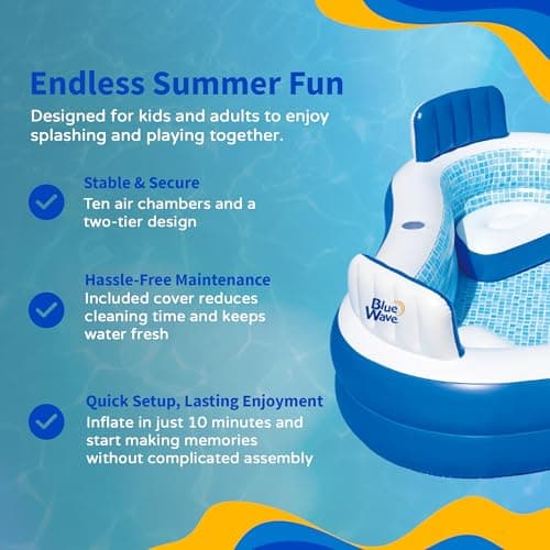 Blue Wave Premier Family Inflatable Pool with Seats – 88-in x 88-in x 26-in Four-Seater Pool for Backyard Fun – Durable 4-Person Inflatable Pool with Cover, Drain Plug & Repair Patch