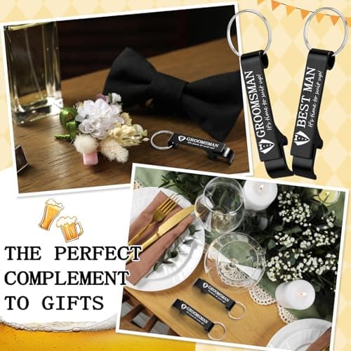 Aluminum Beer Wine Opener for Mens Bachelor Party, Groomsmen Proposal Gift Set Includes 9 Groomsman and 1 Best Man Jingmore 10 Pcs Groomsmen Bottle Opener Keychain Wedding Party Bulk, Black B0FQNWRHCS