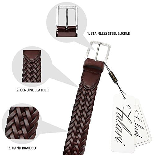 Falari Men's Braided Belt 100% Genuine Leather Stainless Steel Buckle 35mm