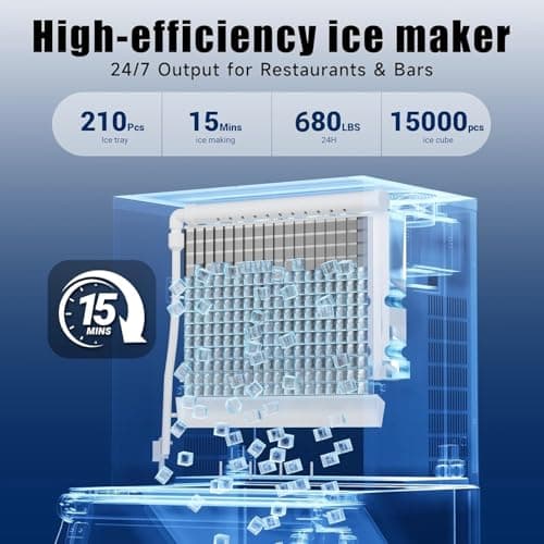Commercial Ice Maker, 680Lbs/24H Industrial Ice Machine 580Lbs Large Storage Bin, 210 Ice Cubes in 5-15 Minutes, Auto-Cleaning Stainless Ice Maker, Ice Ready in 8-15mins, Cafe/Bar/Business