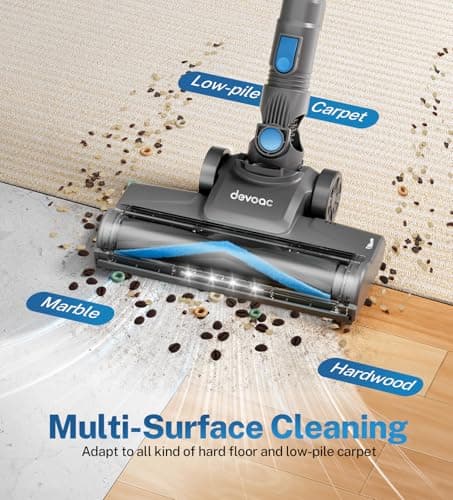DEVOAC N300 Cordless Vacuum Cleaner, 6 in 1 Lightweight Stick Vacuum, 2200mAh Battery Up to 40mins Runtime, Powerful Handheld Vacuum for Hard Floor Rug Pet Hair Home Dorm (Blue)