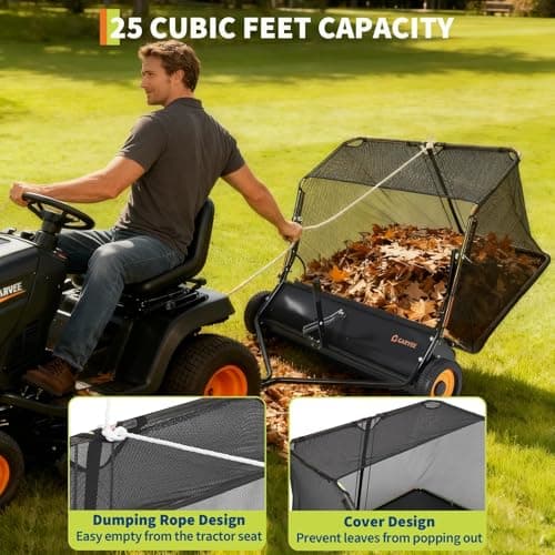 44 Inch Tow Behind Lawn Sweeper, 26 cu. ft. Large Pull Behind Grass Sweeper Heavy Duty Leaf & Grass Collector with Dumping Rope Design, Adjustable Sweeping Height for Yard and Grass Cleanup Tool