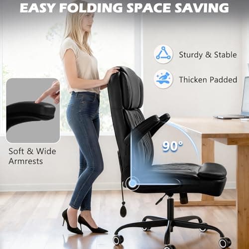 450LBS Big and Tall Executive Office Chair with Flip up Arm, Heavy Duty PU Leather Computer Desk Chair,Comfortable High Back Swivel Home Office Chair with Rolling for Adults,Spring Cushion,Metal Base