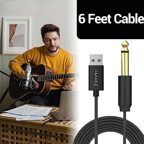 Cubilux Guitar to USB A Cable, USB to 6.35mm (1/4') TS Mono Line-in Cord for Bass/Electronic Piano/Drums, Instrument to Laptop PC, 6 FT