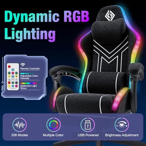 HOFFREE RGB Gaming Chair with Music Rhythm LED Lights and Bluetooth Speakers Fabric Ergonomic Game Chair 155° Reclining Computer Chair with Footrest Video Game Chairs for Adults Gaming & Office Black