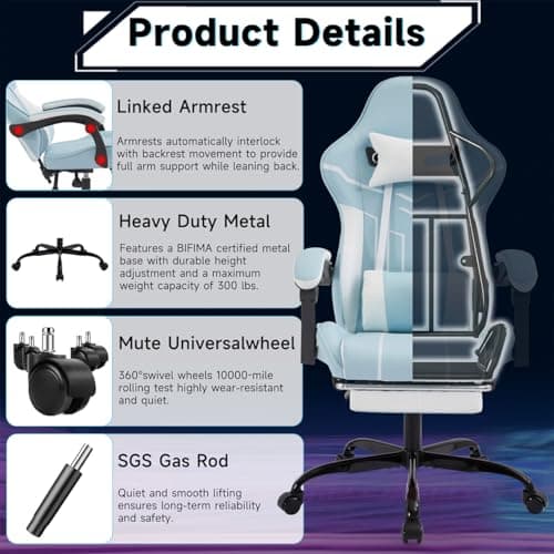 Gaming Desk Chair for Adults, Ergonomic Gaming Chair with Footrest & Headrest and Lumbar Support, Leather Material Height Adjustable Computer Video Game Chairs (Blue+White)