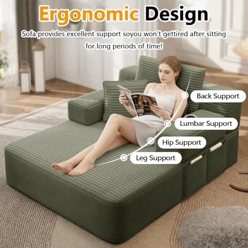 HRVEOCEI 60 Inch Oversized Chaise Lounge Chair Indoor, Corduroy Boneless Chaise with Armrests & Backrest /2 Pockets /3 Pillows, Lounge Sofa Bed for Adults Living Room (Green)