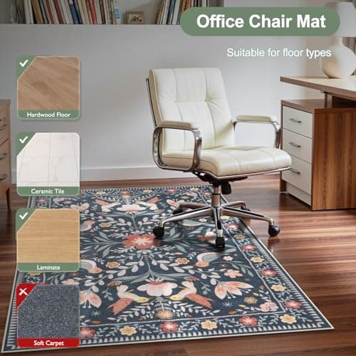 Anidaroel 48"x60" Office Chair Mat for Hardwood Floor/Tile, Black Floor Mat for Office Chairs, Anti-Slip Floral Under Desk Rug for Rolling Chairs, Bird Bug Low Pile Desk Chair Mats for Hardwood