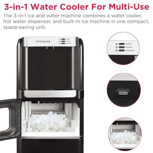 Frigidaire 3-in-1 Hot or Cold Top-Load Water Cooler Dispenser, 5 Gal Bottle, Built-in Bullet Ice Maker, Compact, Black