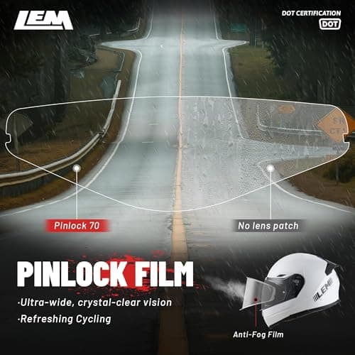 LEM Modular Motorcycle Helmets Fiberglass, Full Face Motorcycle Helmet Flip Up for Touring, DOT Certified, Release Sun Visor & Removable Comfort Liner, Lightweight Street Bike Helmet (White, M)