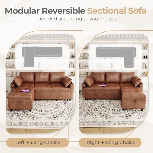 JFHID Leather Sleeper Sofa Couch with Pullout Bed, 80'' Sofa Bed Pull Out Couch with Reversible Storage Chaise, Sectional Couches with USB Charging Ports&Cup Holders for Living Room, Brown