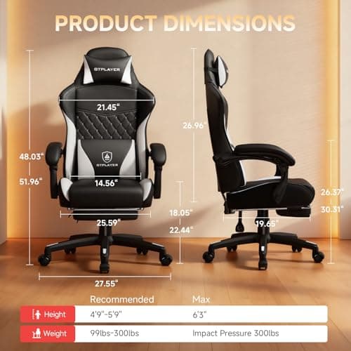 GTPLAYER Gaming Chair, High Back Leather Computer Gaming Chair with Footrest, Ergonomic Height Adjustable Office Chair with Removable Cover and Lumbar Support for Gaming and Work (WT)