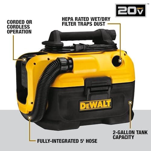 DEWALT 20V MAX Shop Vacuum Wet and Dry, Shop Vac 2 Gallon, Cordless and Corded Wet Dry Vacuum Cleaner, Wide Nozzle, Hepa Filter, Tool Only (DCV581H)