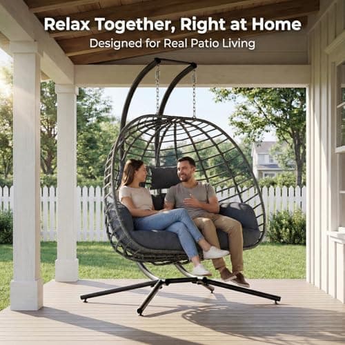 SWITTE Double Egg Swing Chair with Stand, Outdoor Patio 2 Person Hanging Wicker Hammock Chairs with Cushion for Indoor Bedroom, Lawn, Garden-Dark Grey