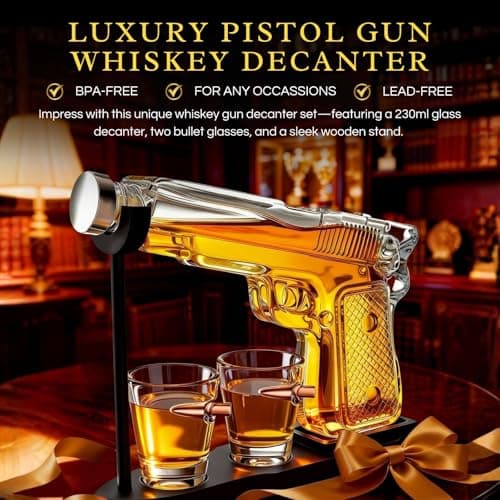 Gifts for Men Dad, 10.1 Oz Whiskey Gun Decanter Set + 2 Bullet Glasses - Unique Birthday Pistol Gift Ideas Daughter Son, Personalized Liquor Dispenser - Scotch Bourbon Vodka, Him, Brother Husband