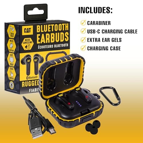 CAT Bluetooth Noise Canceling Ear Buds - Rugged Wireless Work Earbuds, Bluetooth Work Headphones, Dust Proof, Shock Proof, Water Resistant, Compatible with Apple, Android