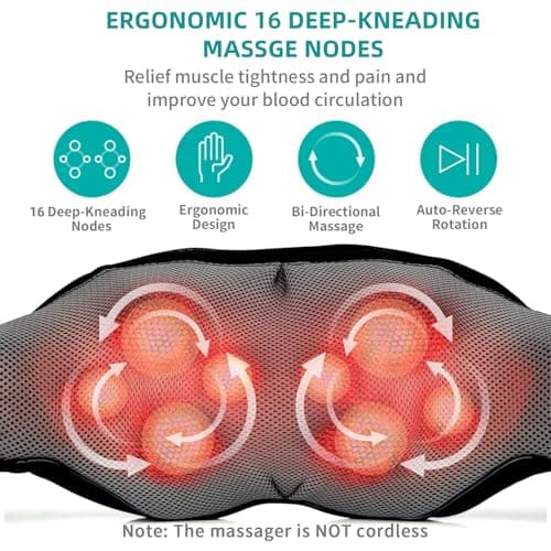 Nekteck Shiatsu Neck Massager for Pain Relief Deep Tissue with Heat, 3D Kneading Massage Pillow Back Shoulder Massagerfor Body Muscle, Plug-in Use for Home Office Car, Gifts for Mom Dad Him Her