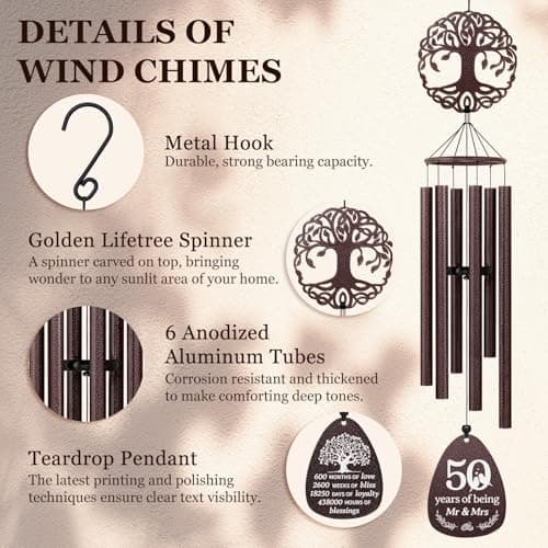 Golden Anniversary Keepsake for Parents, Husband, Wife, Couples, Friends, Tree of Life Wind Chime 37 in Garden Decor SteadStyle 50th Anniversary Wind Chime, Happy 50th Wedding Jubilee Gifts B0FHH4GHX5