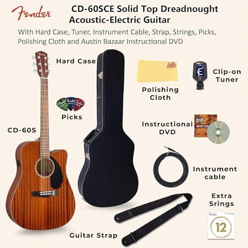 Fender CD-60SCE Solid Top Dreadnought Acoustic-Electric Guitar - All Mahogany Bundle with Hard Case, Tuner, Instrument Cable, Strap, Strings, Picks, Austin Bazaar Polishing Cloth and Instructional DVD