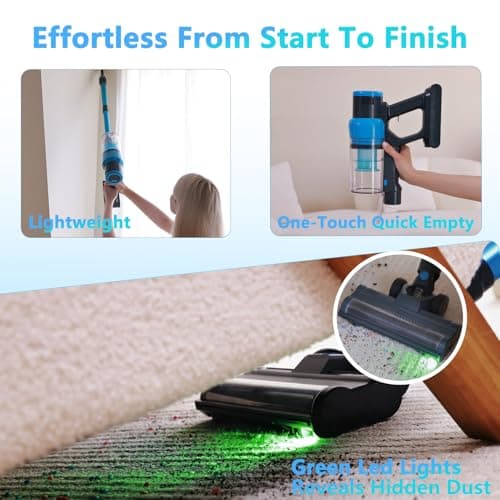 Cordless Vacuum Cleaner, 45kPa 60Min Vacuum Cleaners For Home, Powerful Stick Vacuum Rechargeable With Green Light, Anti tangle Wall Mount, 8 in 1 Lightweight Vacuum For Hardwood Floor Pet Hair Carpet