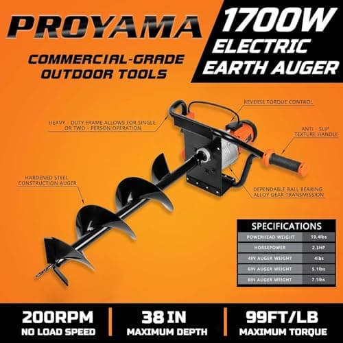 PROYAMA Electric Post Hole Digger, 1700W Corded Earth Auger with 4" 6" 8" Drill Bit, 12" Extension Rod, Reverse Control, 5-Year Warranty Gear Box, Ideal for Post Hole Digging, Drilling, Tree Planting