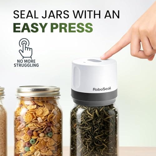 RoboSeal Rechargeable Mason Jar Vacuum Sealer for Mason Jars Wide & Regular Mouth, One Touch Operation, 10 Jar Lids and Jar Opener Included, Digital Battery Indicator, Preserves Foods 5x Longer