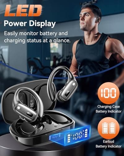 LEEMC Wireless Earbuds, Bluetooth Headphones 5.4, Ear Buds with Hooks for Sports, 80Hr Playtime Earphones, LED Display, IPX7 Waterproof Headset for Workout Running, Black