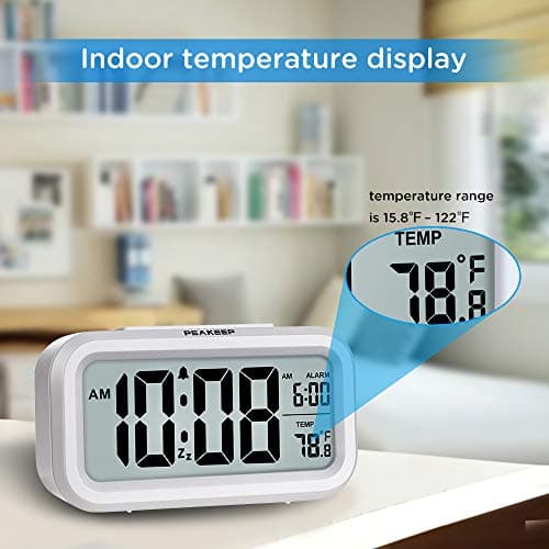 Peakeep Night Light Digital Alarm Clock Battery Operated with Indoor Temperature, Desk Small Clock (White)