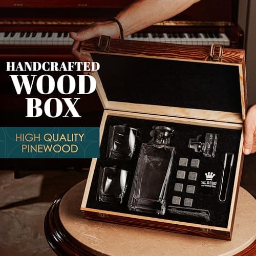 Whiskey Decanter Gift Set by Royal Reserve – Liquor Bourbon Decanter 24 oz 750 ml with Glasses, Chilling Stones, Coasters and Tong – Whiskey Gifts for Men, Husband, Dad, Boyfriend