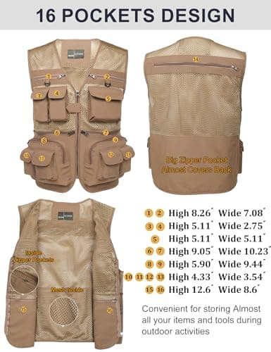 Flygo Men's Fishing Vest Utility Lightweight Outdoor Travel Safari Photo Cargo Vest with 16 Pockets