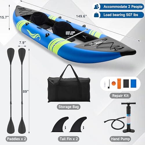 WETURE Inflatable Kayak 2 Person, Fishing Kayaks for Adults, 12.5FT 507 LBS Capacity, Portable Kayak with Luminous Strips, Adjustable Kayak Seat, 2 Paddles, 2 Tail Fins, Pump &Storage Bag