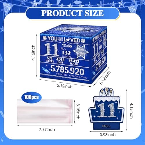 11 Happy Birthday Money Box for Cash Gift, 11th Birthday Decorations for Boys and Girls, Gifts for 11 Year Old Boy, Boy Gift Ideas, Cool Things for Teen -Blue with 100PCS Bags