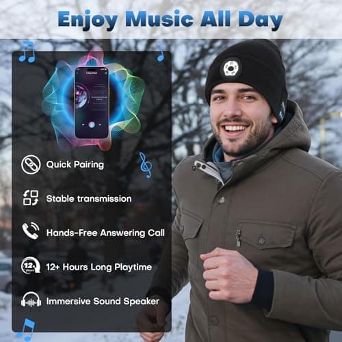 Bluetooth Beanie with Light, USB-C Charging 5 LED Flashlight Hat, Built-in Stereo Speakers Mic, Christmas Stocking Stuffers White Elephant Gifts for Men Dad Teens Boys for Camping Fishing B0DJ17Q4X3
