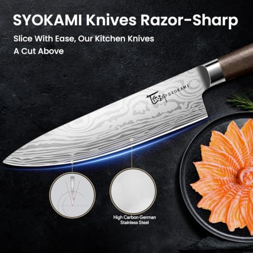 360° Rotatable Block, Japanese Style Chef Knife & Steak Knife Set with Sharpener, Wood Handle, Damascus Pattern, Ideal Gift SYOKAMI 14-Piece Kitchen Knife Set with Magnetic Block, New for 2026 B0CB122YV5