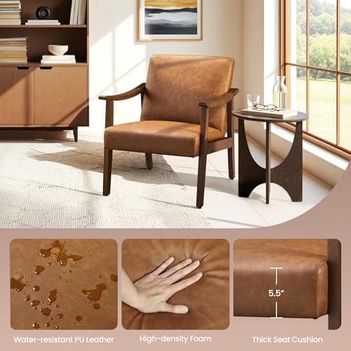 Yaheetech PU Leather Accent Chair, Mid-Century Modern Armchair with Solid Wood Legs, Reading Leisure Chair with High Back for Living Room Bedroom Waiting Room, Brown