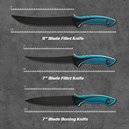 KNINE OUTDOORS Fish Fillet Knife Set Curved Flex 7 inch 9 inch Filet Knife for Filleting and Boning, Non-Slip Handles, Includes Fishing Braid Line Scissors, Fish Dressing Scissors, Filleting Pad
