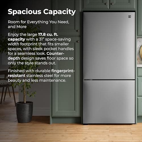 Kenmore 31" Bottom Freezer Refrigerator, Counter Depth - Ice Maker, Adjustable Shelving, Crisper Drawers, ENERGY STAR Certified, 17.8 cu. ft. Capacity, Fingerprint Resistant Stainless Steel