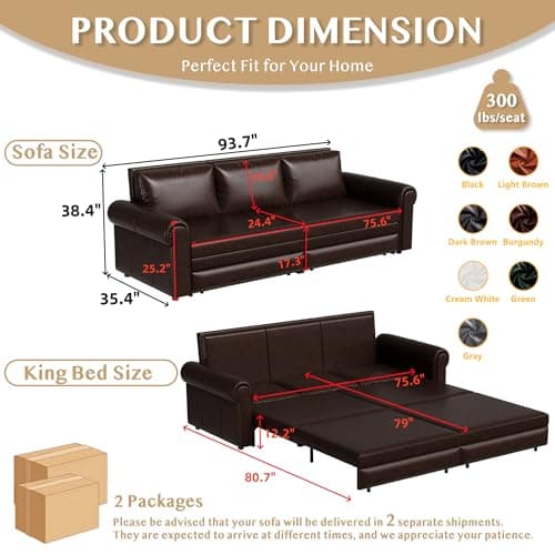 LuxyHoom 93.7" King Size Sleeper Sofa Bed, Pull Out Sofa Bed, Faux Leather Upholstery, 3 in 1 Convertible Sleeper Couch, Chaise Lounge, Retro Recliner for Living Room, Office, Apartment, Dark Brown