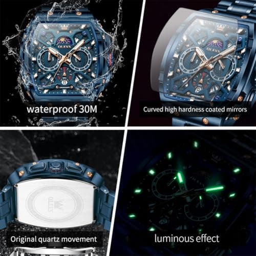OLEVS Watches for Men Analog Quartz Luxury Diamond Waterproof Chronograph Stainless Steel Big Face Square Date Moon Phase Roman Numeral Dress Watch for Men