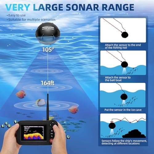 Portable Rechargeable Fish Finder, Wireless Sonar FishFinder, Castable Kayak Depth Finder with 105° Beam Angle and TFT LCD Display, 2.6-164 FT of Depth Locator, for Shore, Sea ＆ Ice Fishing