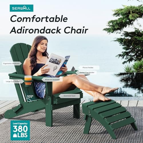 SERWALL Adirondack Chair with Cup Holders - Composite Adirondack Chairs Set of 4 HDPE Outdoor Chairs All Weather Use- Green