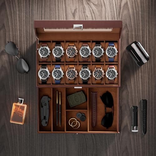 ProCase ProCase Watch Box, 12 Slot Mens Watch Case With Drawer, 2-Layer Watch Display Case With Glass Lid, Mens Jewelry Box Storage Holder Organizer, Birthday Valentine Gifts for Men -12Slot, Espresso