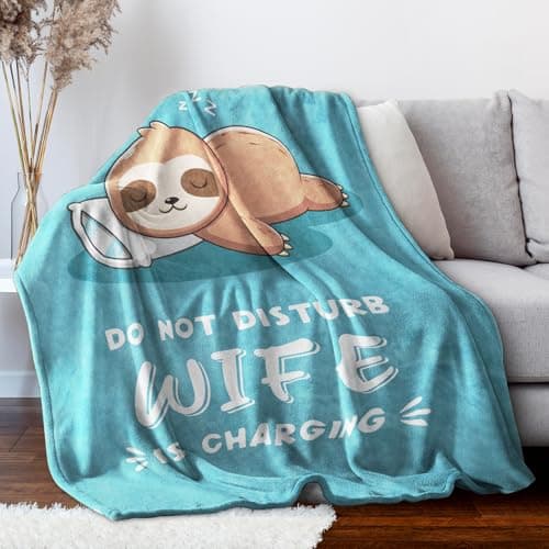 Wife is Charging Sloth Blanket 60" x 50", Cyan, Christmas Mothers Day Birthday Gift for Wifey from Husband Leebbsin Funny Gifts for Wife, Anniversary Wedding Gifts for Wife B0DNMFTB5W