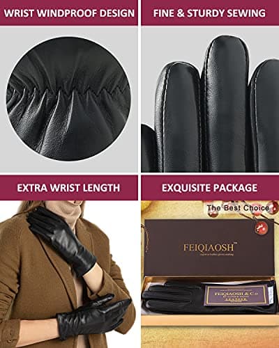 FEIQIAOSH Winter Leather Gloves for Women, Premium Sheepskin Warm Gloves for Cold Weather, Fleece Lining Touch Screen Glove